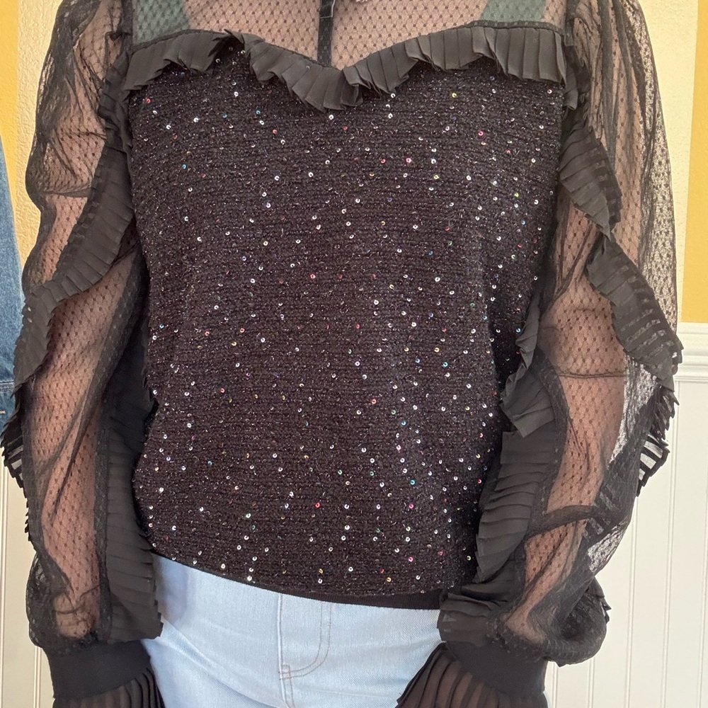 Elegant Black Sheer Ruffle Top - Picture 6 of 8